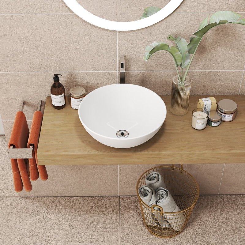 16"L White Ceramic Circular Drop-in Vessel Bathroom Sink