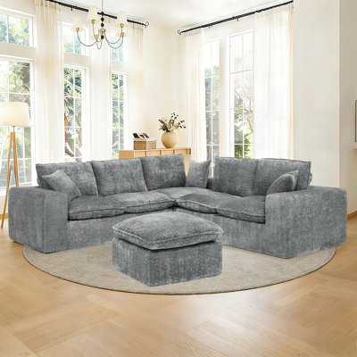 Masir Oversized Modular Sectional Sofa with Movable Ottoman, Comfy Gray Boucle Upholstery,2 Throw Pillows Included