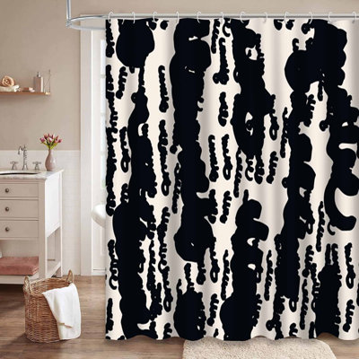 Stripe Black Japanese Abstract White Shower Curtain with 12 Hooks