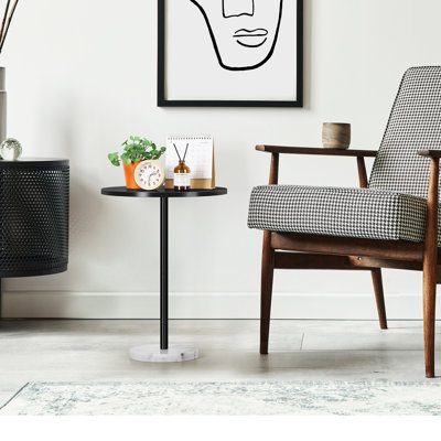 Table de bout ronde avec base en marbre, petite table d'appoint pour le salon, chambre à coucher, plateau en bois noir et base en marbre blanc