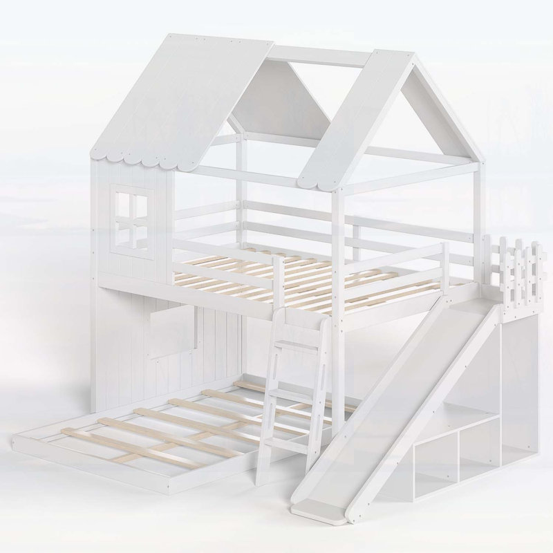 Lit superposé double au-dessus d'une chambre double avec échelles, glissières et rangement, maisonnette pour chambre d'enfant, blanc