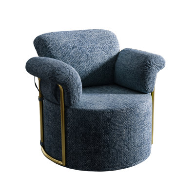 Fauteuil de lecture pivotant bleu à 360 degrés, tissu doux et résistant aux rayures, conception ergonomique, fauteuil rembourré moelleux facile à assembler avec pieds en métal doré pour le salon, la chambre à coucher, le bureau, haute résilience