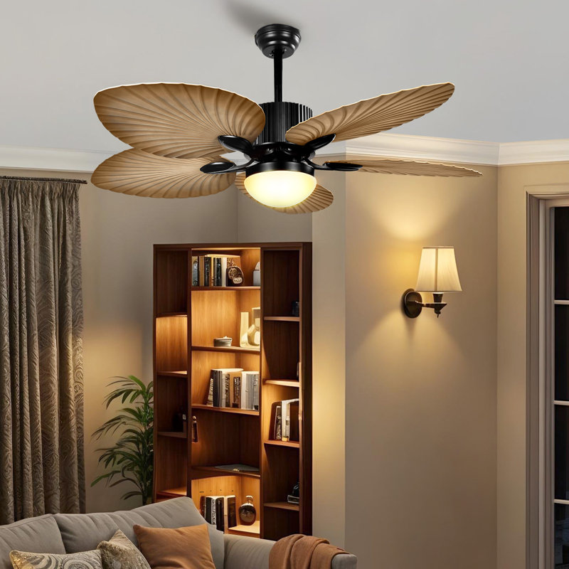 52" Tropical Ceiling Fan With LED Lights And Remote Control，5 Blades，6 Speeds，DC motor, Brown