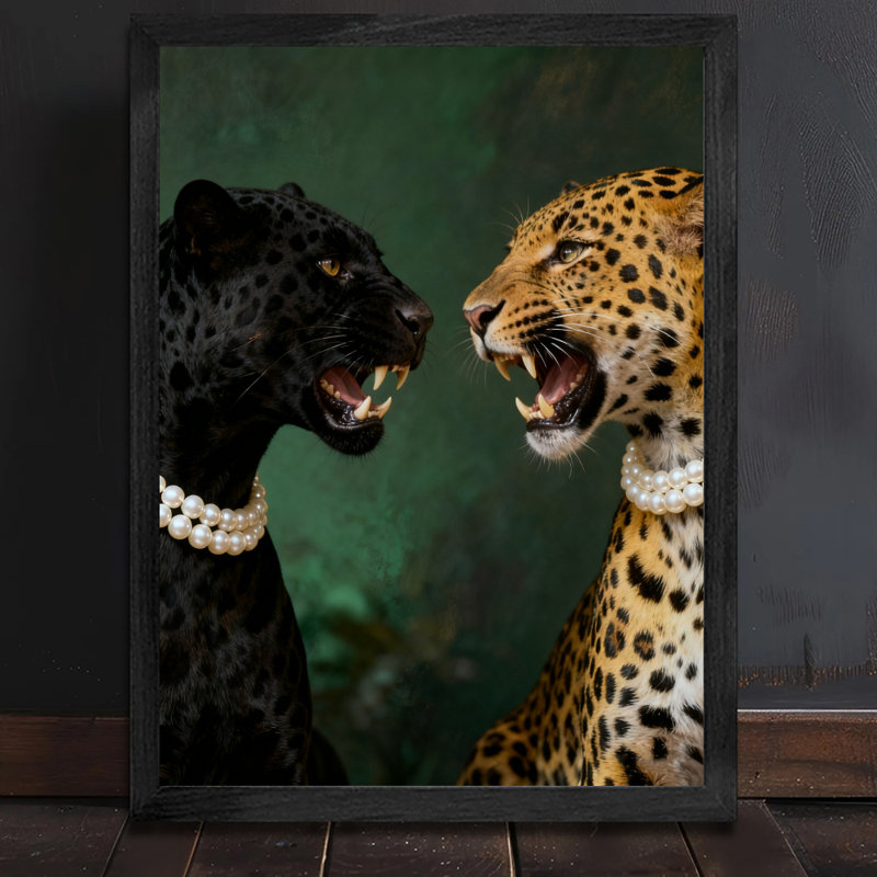 Reproduction encadrée noire de panthère noire et de léopard, H 37 po x l 25 po