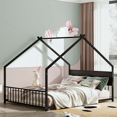 House Bed With Roof And Colorful Lights, Metal Bed Frame With Slats And Legs, House Bed For Boy, Girls And Young Teens, No Box Spring Needed.