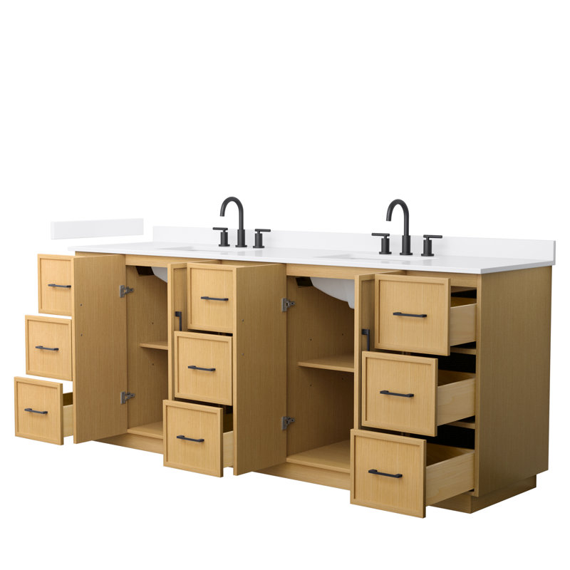Elan TK 84" Freestanding Double Bathroom Vanity with Quartz Top, White Quartz, Light Oak, Matte Black