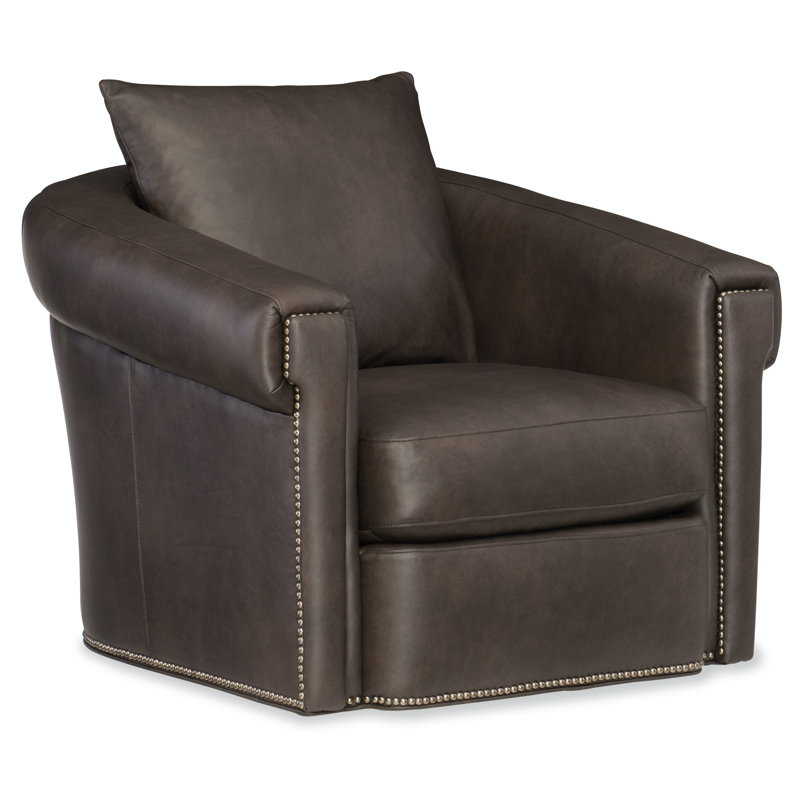 Andre Swivel Armchair, Gunmetal, Aline Light Gray Stonewash Genuine Leather