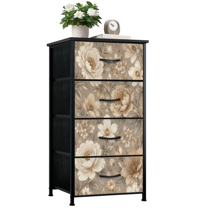 Commode pour chambre à coucher avec 4 tiroirs de rangement Vintage Floral Beige Brun Gris Fleurs Commodes neutres Commode en tissu avec cadre en acier pour vestibule