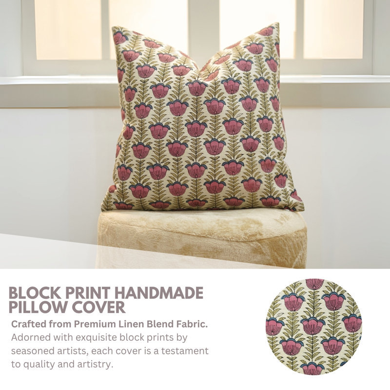 Fabdivine Hand Block Printed Cushion Cover – Rustic Charm for Sofas & Chairs, Lotus, Pink, Rectangle 20"H x 12"W
