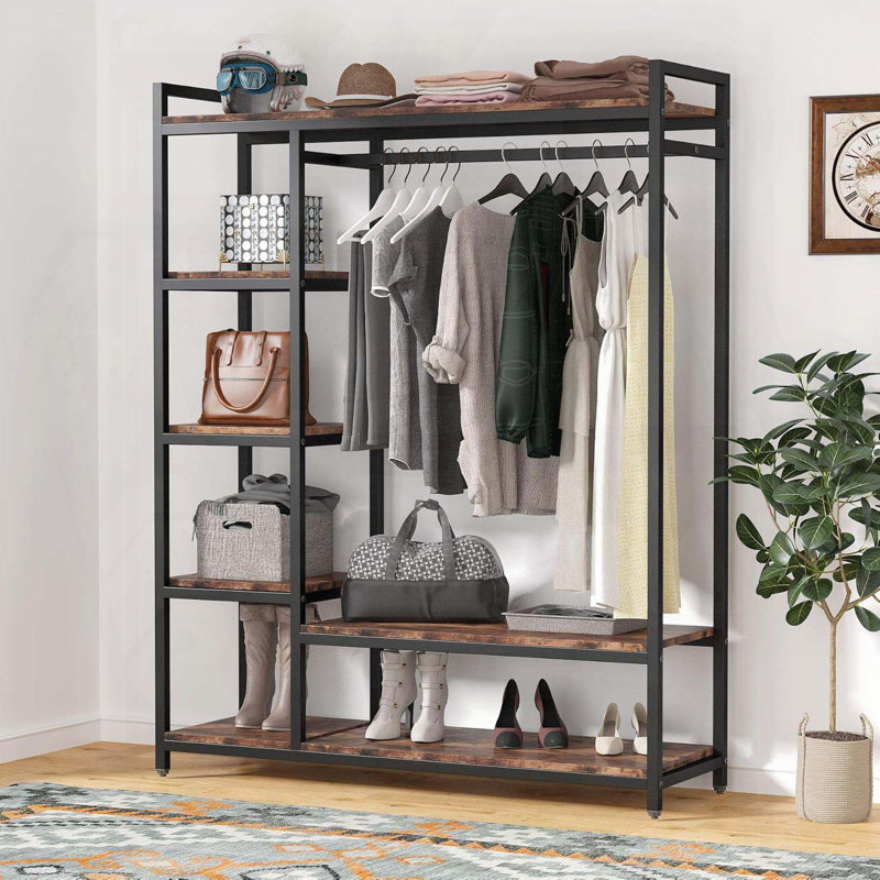 Organisateur de garde-robe autoportant 47,24 po avec 6 tablettes et barre de suspension
