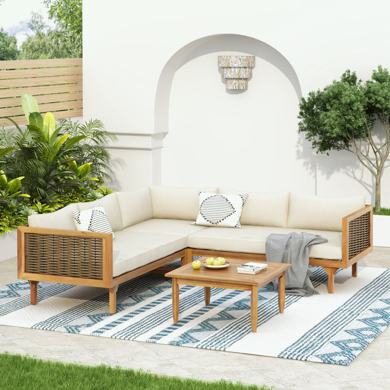 Ensemble d'extérieur 4 pièces en bois avec coussin moelleux, Beige, Naturel