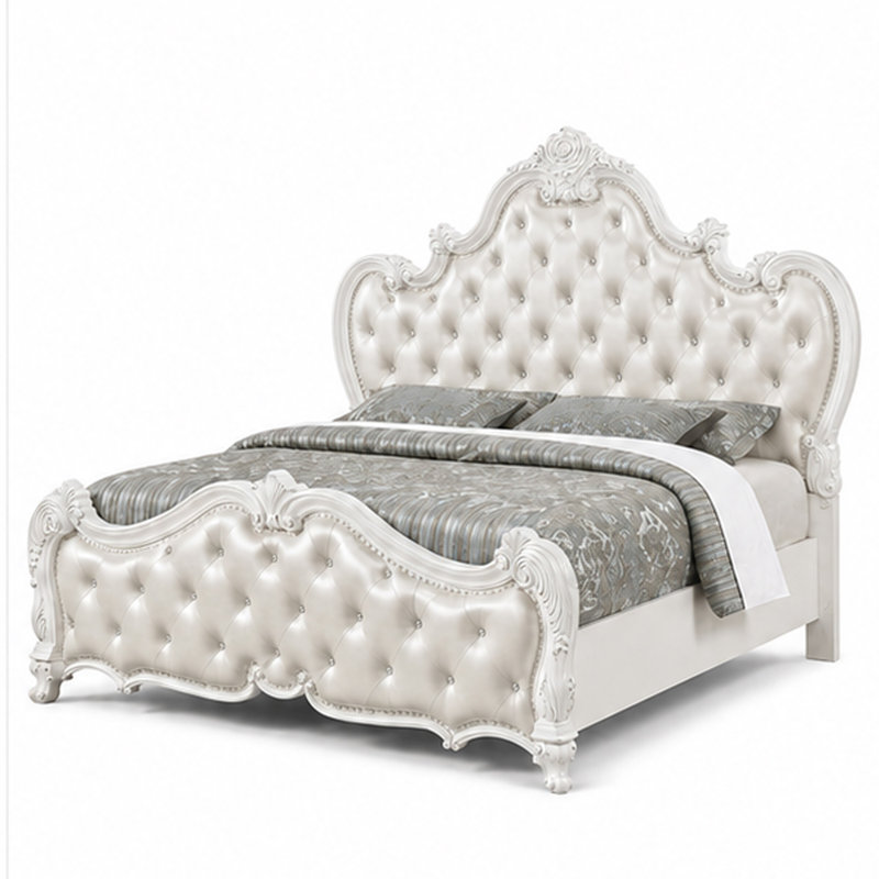 Ensemble de chambre à coucher pour grand lit 4 pièces Ventra, bois massif sculpté blanc, miroir de commode