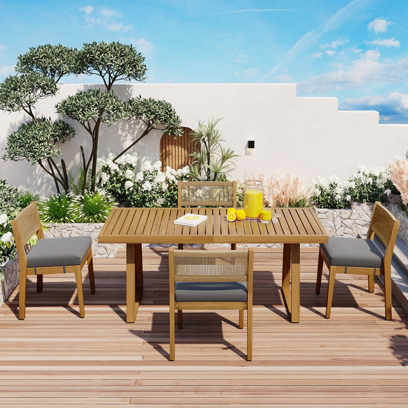Multi-Person Outdoor Acacia Wood Dining Set With Thick Cushions, Gray