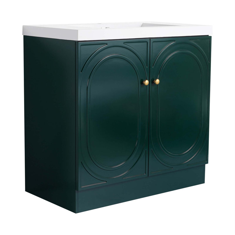Lavabo de salle de bain sur pied 36 po en résine et 2 portes d'armoire à fermeture douce, tablette réglable, Vert, Doré