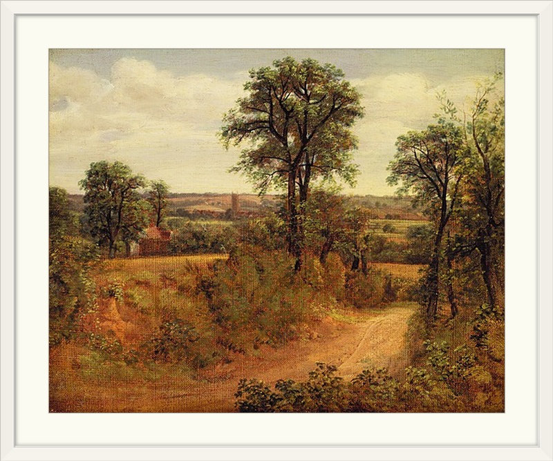 « a lane near dedham, c. 1802 » par l’impression de peintures John Constable, H 24 po x l 28 po x P 1 po, Cadre blanc