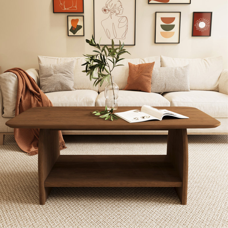 Table basse de salon moderne et minimaliste, double couche rectangulaire de 47 pouces avec fonction de rangement, conception arrondie de sécurité