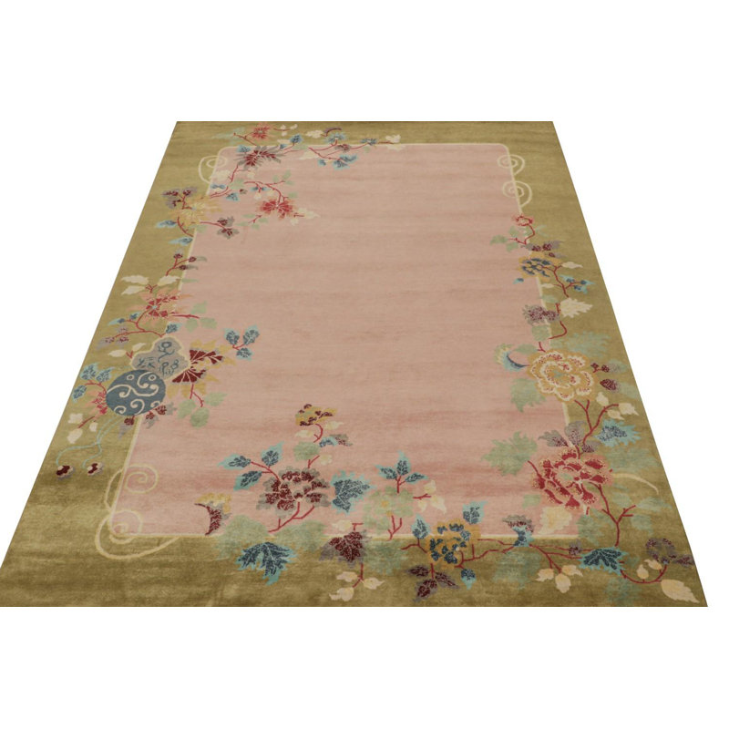 Rug & Kilim’S Chinese Style Art Deco Rug In Pink & Green With Colorful Florals, Rectangle 9' x 12'