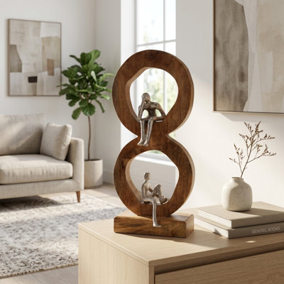Figurine sculpturale en métal avec 2 anneaux en bois pour décor de table - Décoration artistique décorative pour le salon - 17 po, brun et brun clair