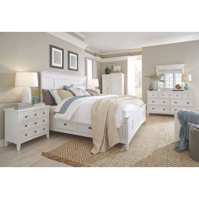 Liz Queen Panel Storage Bed 2 Small Nightstands And Drawer Dresser With Landscape Mirror