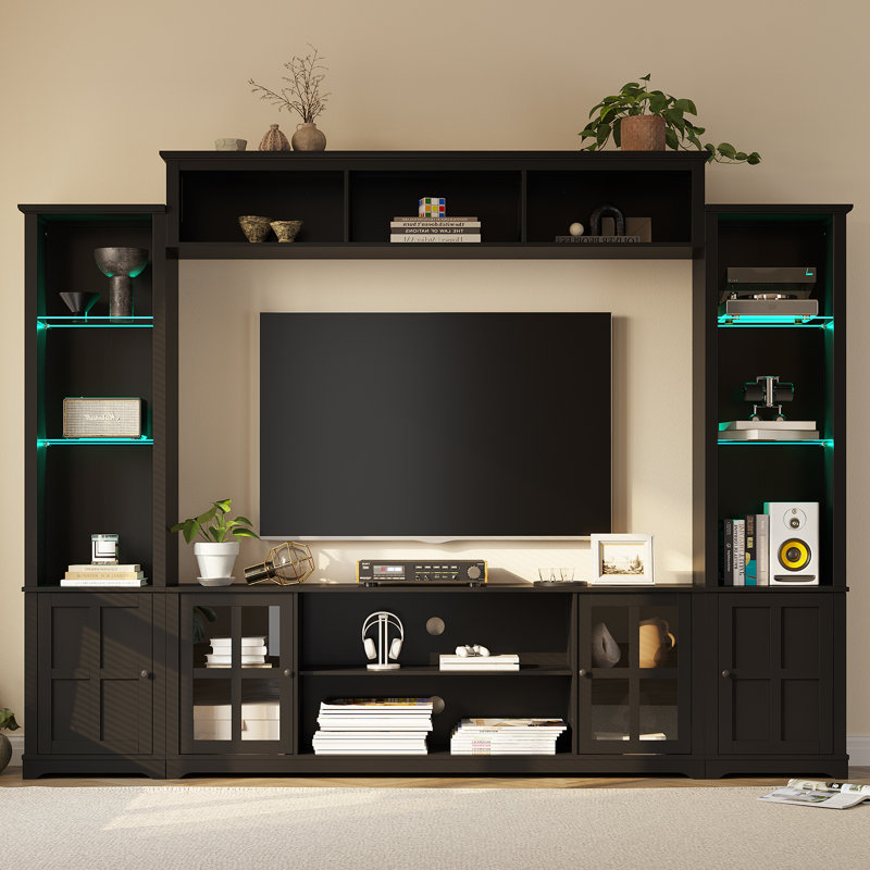 4 Piece Wall Unit Tv Stand With Bookshelf, Modern Tv Console Table With Led Lights, Large Entertainment Center With Open Shelves For Tvs Up To 65", Living Room Wine Cabinet Display Cabinet