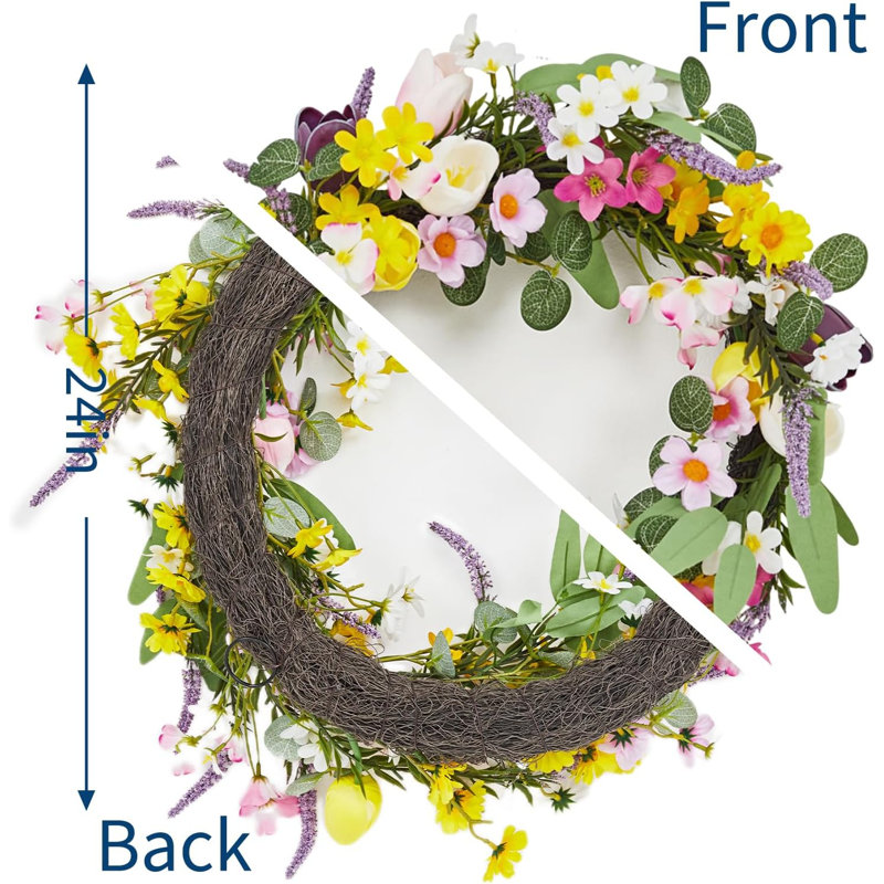 Couronne de printemps 24 po, couronne de porte tulipe lavande avec 2 bouquets décor maison de campagne, 4 po x 22,5 po