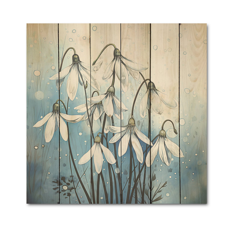 Minimalisme bleu et blanc Snowdrops Bloom I - Snowdrops, art sur bois de pin naturel, H 15 po x l 15 po