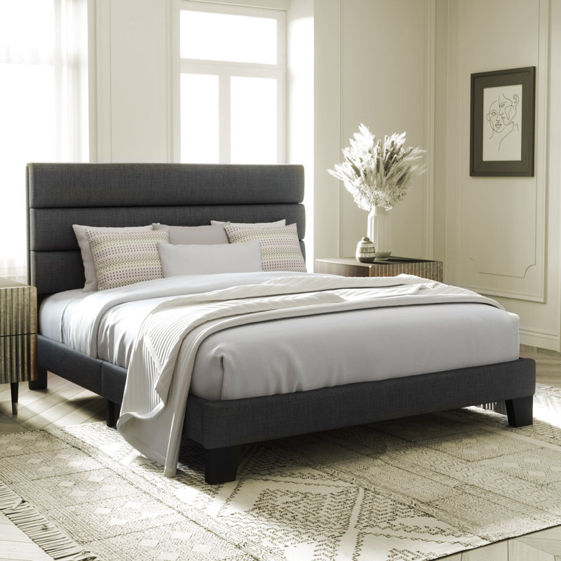 Structure de lit plateforme avec tête de lit tapissier en tissu et support en lattes de bois, Gris, Double
