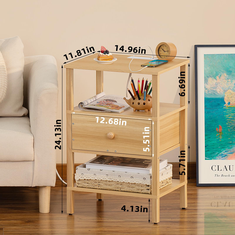 Chautauqua End Table with Storage and Built-In Outlets, Natural