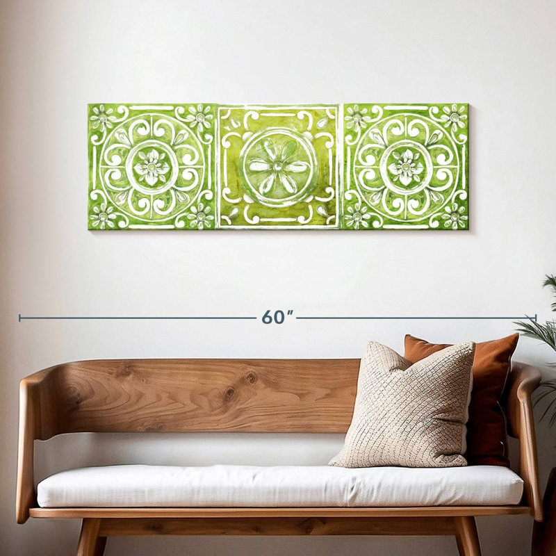 Carreaux ornementaux verts sur toile, H 16 po x l 48 po x P 1,25 po