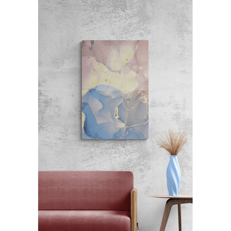 Décoration murale en verre trempé de style marbré, impression d'art moderne abstrait bleu et rose sur verre
