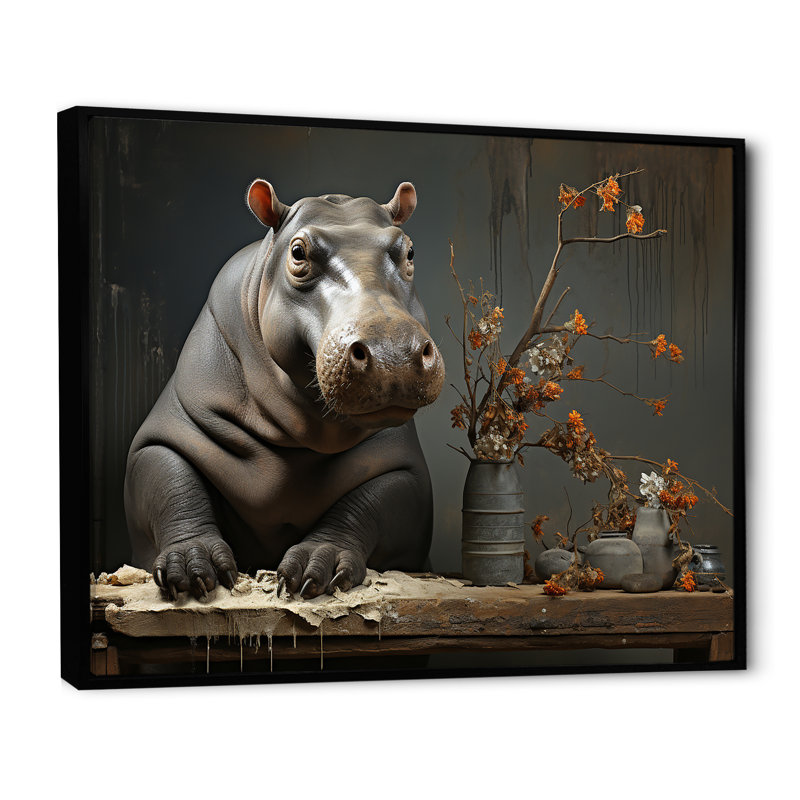 Rivers Guardian 1 - art mural hippopotame, Cadre flottant noir, H 34 po x l 44 po x P 1,5 po
