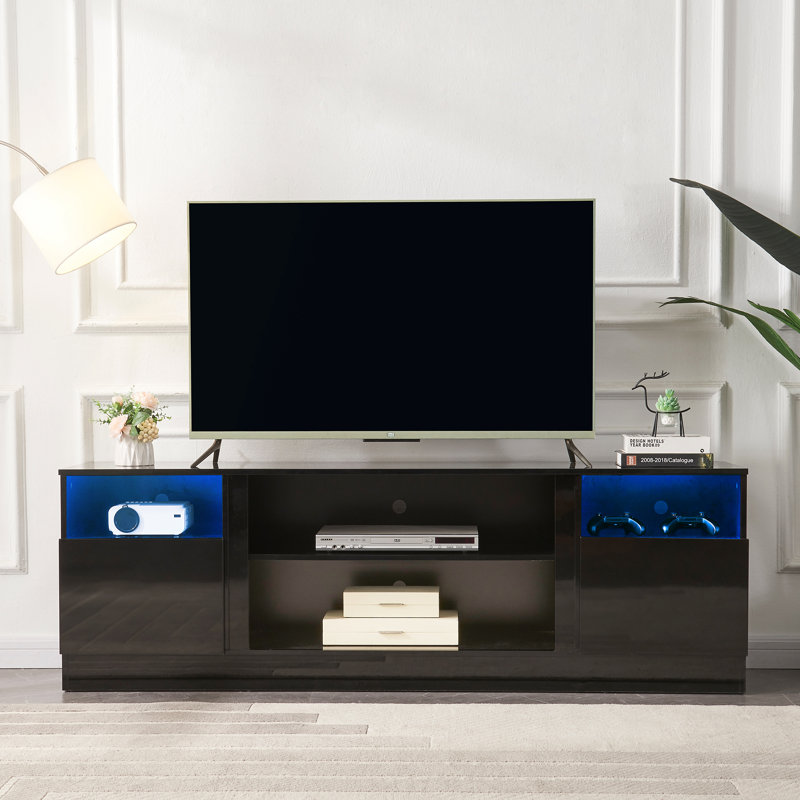 Black 70'' TV Stand with 36'' Electric Fireplace and LED Lights