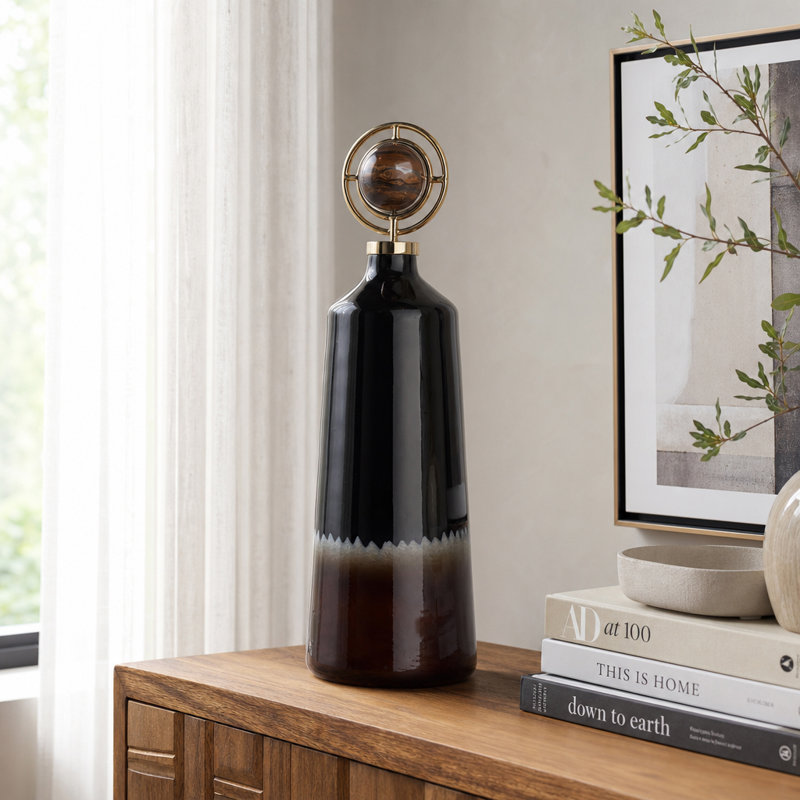 Tall Tapered Bottle Shape Glass Table Vase with Sculptural Metal Topper Home Decor - Decorative Flower Vase Accent for Entryway Display - Brown & Black