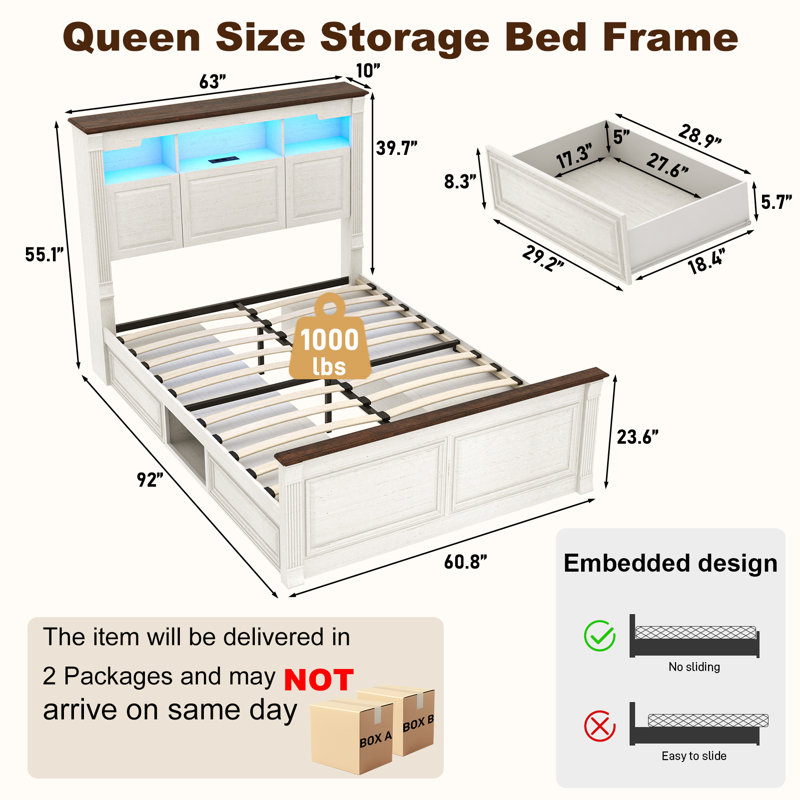 Farmhouse Bed Frame with 55" Tall Storage Headboard & 4 Drawers, Wood Roman Column Platform Bed Frame with 24" Tall Footboard, LED Light, Charging Station, No Spring Needed