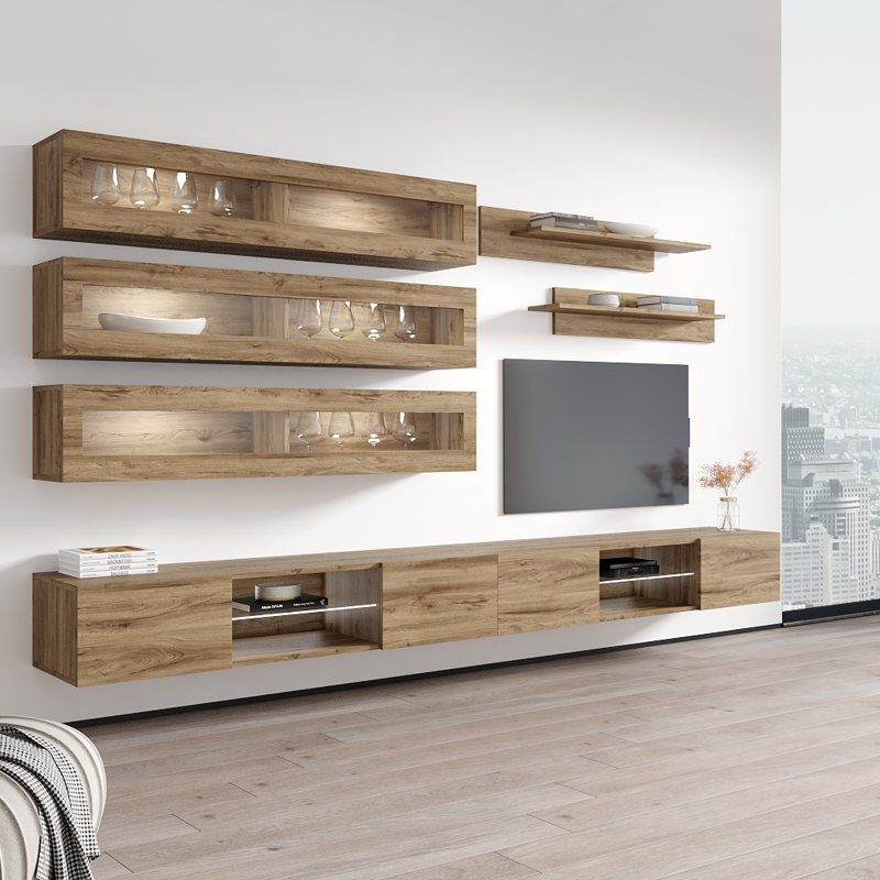 Shadyvale 126" Modern Floating Wall Mounted Entertainment Center with 16-Color LED Lighting, High Gloss Finish, Oak
