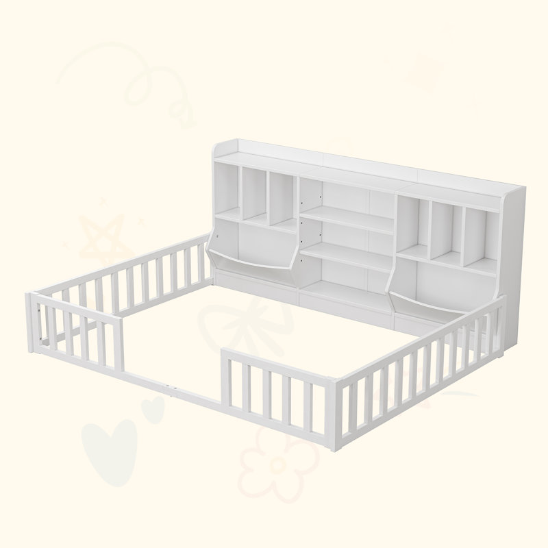 Lit double sur pied avec bibliothèque et tablettes de rangement, cadre de lit Montessori avec rails de sécurité, sans lattes, blanc