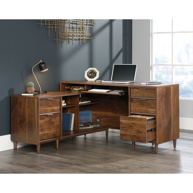 Jivon L-Shaped Solid Wood Base L-Shaped Desk, Brown