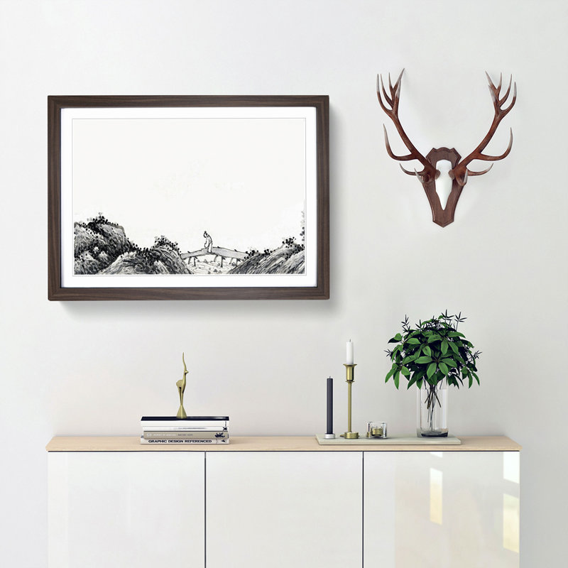 Landscape Vol.11 by Shen Zhou - Picture Frame Drawing Print, 48cm H x 65cm W x 2cm D, Walnut Framed