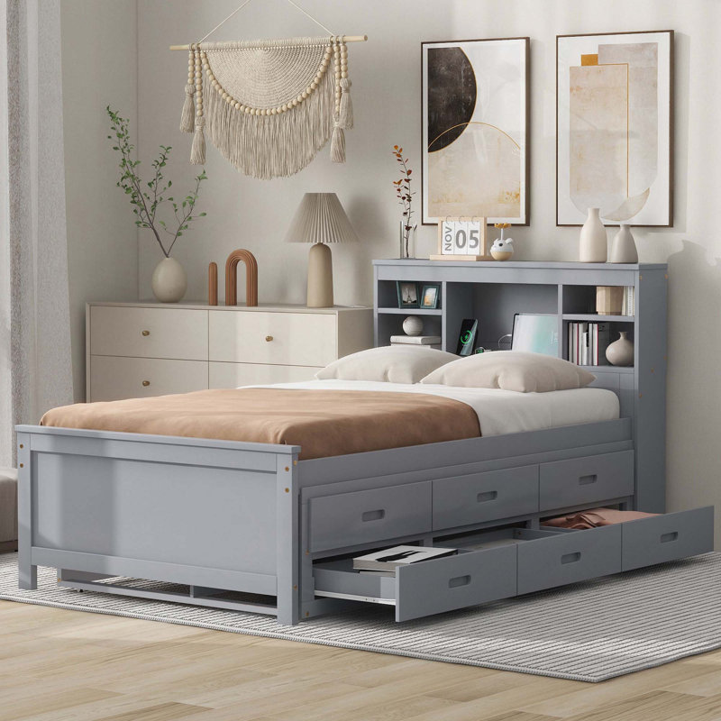 Lit plateforme avec tête de lit avec rangement, gris, Lit simple
