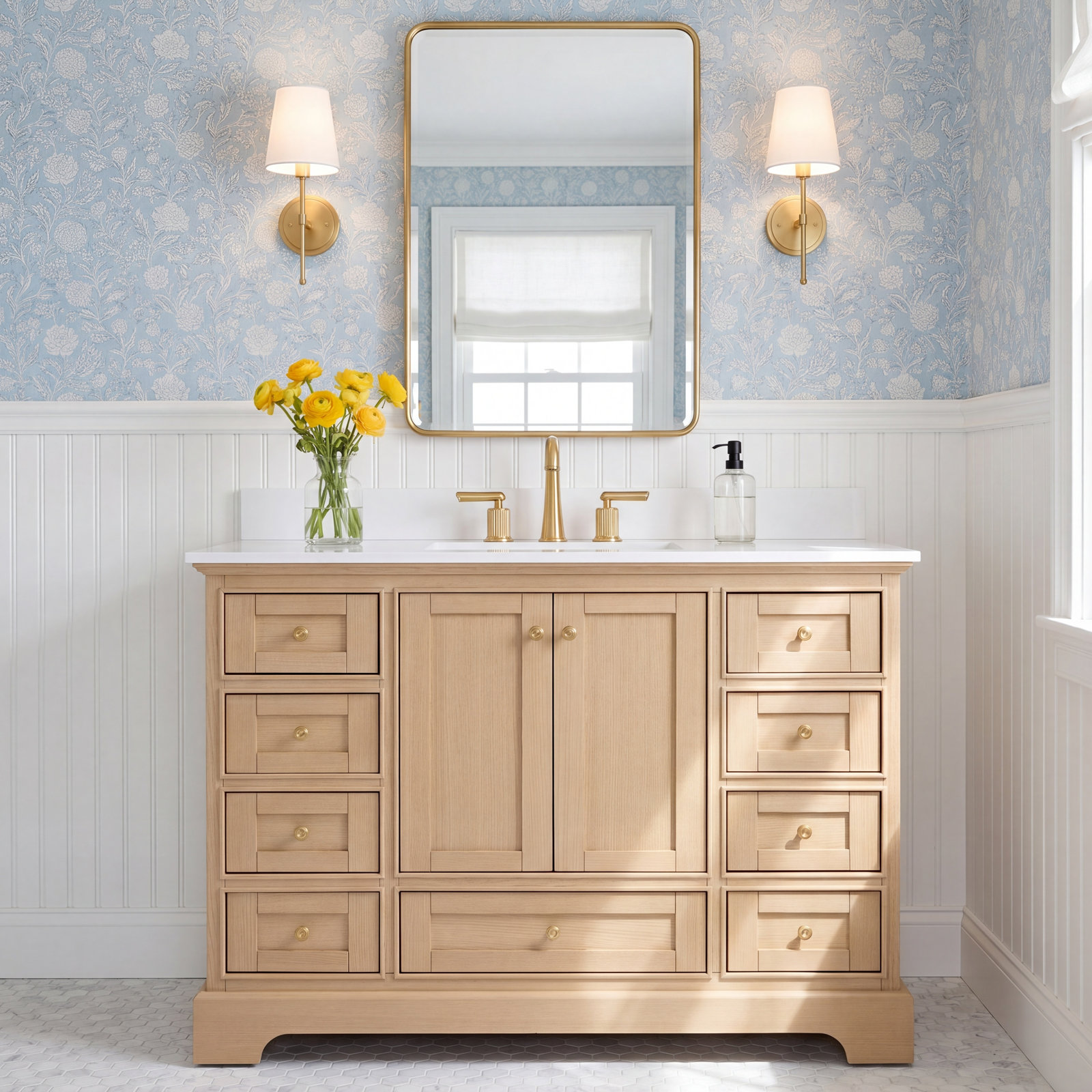 Varna 48'' Single Bathroom Vanity, Oak/Rose Gold, Pure White Quartz