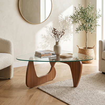 Petite table basse polyvalente de style Mid-Century moderne et robuste pour le bureau à la maison à l'extérieur, plateau en verre trempé durable avec base en bois, convient à la maison, aux salons professionnels