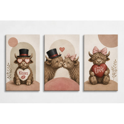 Grand ensemble de 3 impressions sur toile de la vache des Highlands de la Saint-Valentin, décor de ferme romantique, œuvre d'art sur un joli couple 16 x 24 pouces - prêt à être accroché