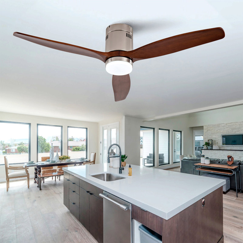 Hot Sales 52 Inch Modern Ceiling Fan With 3 Color Dimmable 3 Solide Wood Blades Remote Control Reversible DC Motor With Led Light
