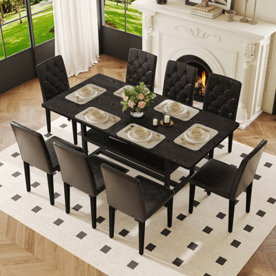 Table And Chair Set, 71*35.4 Inch Grain Spliced Dining Table With Storage Function In The Middle Of The Table Legs, Paired With 8 PU Dining Chairs With Ergonomic Buckle Backrest