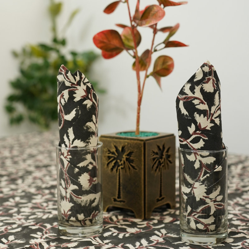 Fabdivine 18X18 Inch Boho Accent table Napkin, Floral Print, (Pushp Varsha, Black) {Set of 4}