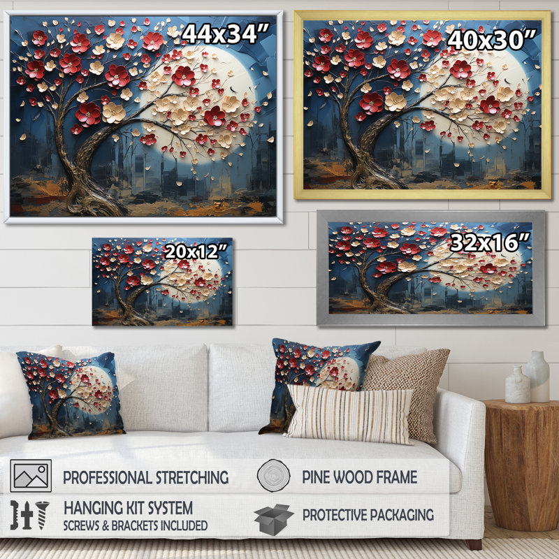 Fleur rouge et or au clair de lune beauté I - arbre, art mural, Toile tendue, H 28 po x l 60 po x P 1,5 po