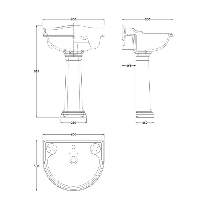 Nuie Ryther 500mm W White Vitreous China U-Shaped Sink with Overflow, 1