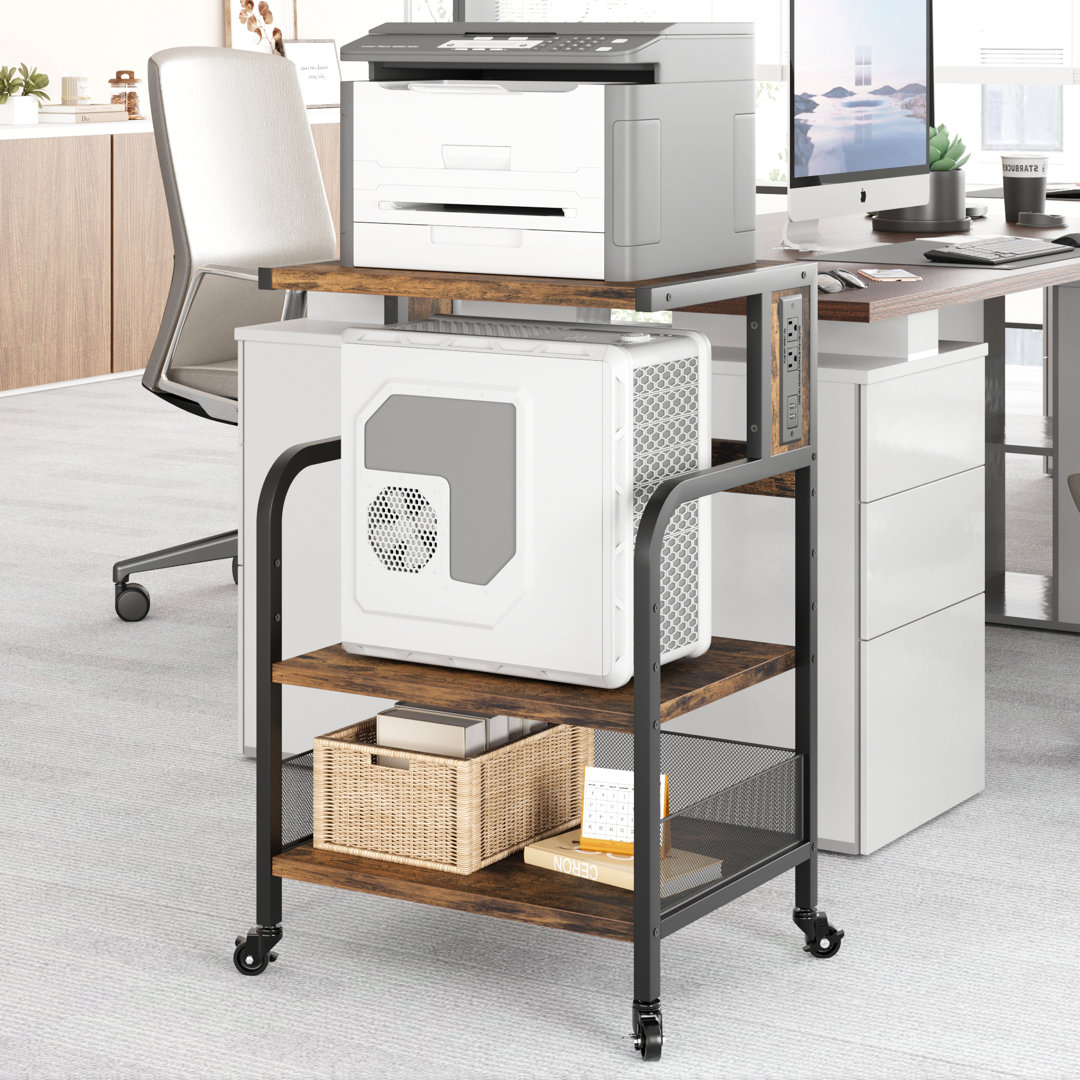 3-Tier Printer Stand with 2 AC Outlets and 2 USB Ports, Adjustable Shelves, Rolling Storage Cart with Lockable Castors, Metal Frame Under-Desk Organis