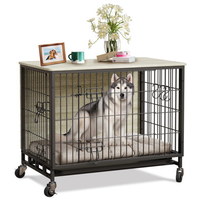 Modern Dog Crate Furniture with Wheels – 38.6" Large & Medium Indoor Kennel – Double Doors, Removable Tray, Chew-Resistant Metal Frame, End Table, Pine Gray+Black
