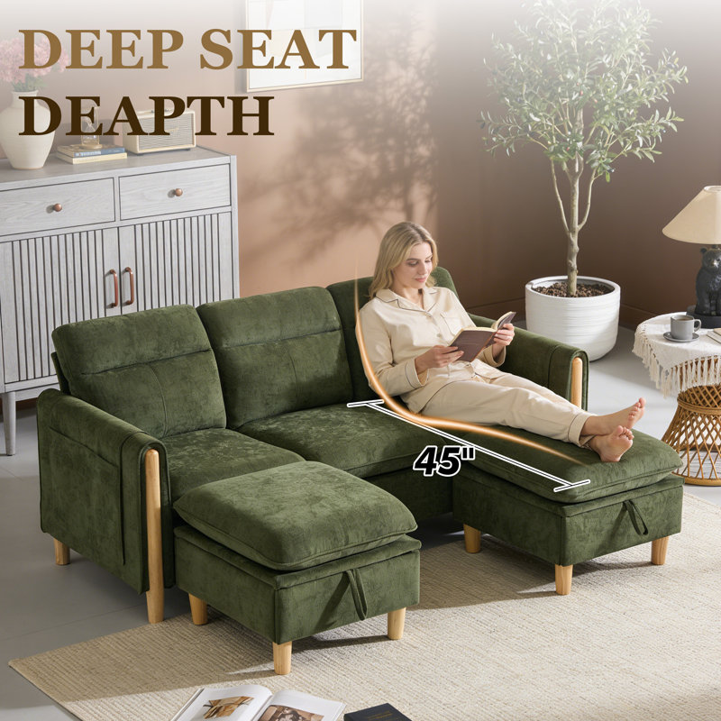 U-shaped Modular Sofa, 3-seater Chenille Couch With 2 Removable Ottomans, Sectional Sofa For The Living Room, Green Chenille